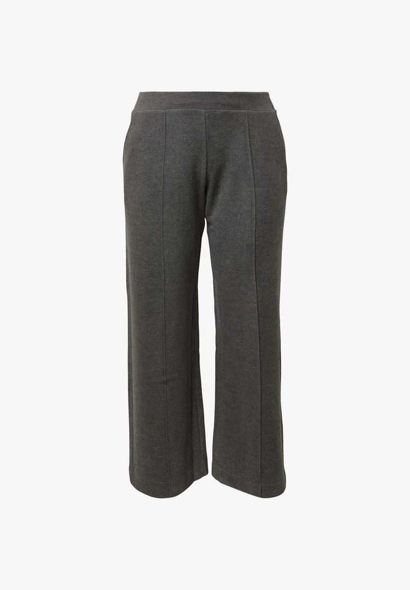 Gray wide-leg pants made of soft fabric, featuring a smooth elastic waistband and clean seams for a refined look.