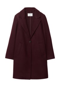 Manteau en mélange de laine bordeaux avec un col pointu, fermeture à un bouton et deux poches avant ; manches longues et coupe droite.
