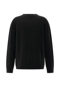 Schwarzer, langärmeliger, flauschiger Pullover mit geripptem Rundhalsausschnitt, Bündchen und Saum, von hinten auf einem weißen Hintergrund gezeigt.