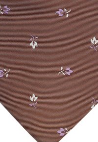 Bruin gestreepte stropdas met kleine witte en lavendelkleurige bloemborduring, met een soepele textuur en een puntig uiteinde.