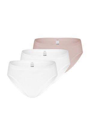 Drei nahtlose Damen-Bikini-Slips in Weiß und Hellbeige, gestapelt mit vorne sichtbaren Etiketten.