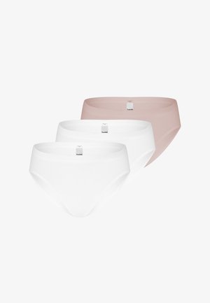 Drei nahtlose Damen-Bikini-Slips in Weiß und Hellbeige, gestapelt mit vorne sichtbaren Etiketten.