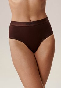 Brązowa bielizna z wysokim stanem o gładkiej fakturze, z szerokim pasem z napisem marki "ATLANTIC" i klasycznym fasonem slipów.