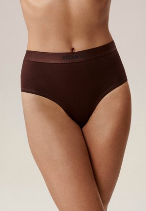 Brązowa bielizna z wysokim stanem o gładkiej fakturze, z szerokim pasem z napisem marki "ATLANTIC" i klasycznym fasonem slipów.