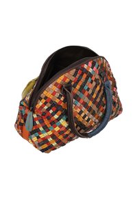 Geantă țesută cu texturi multicolore în nuanțe de maro, portocaliu și teal, cu mânere din piele și închidere cu fermoar. Interiorul este închis la culoare.