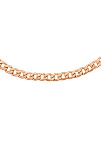 Collana in oro rosa con catena a maglie curb interconnesse, dallo stile uniforme, con una texture liscia e lucida.
