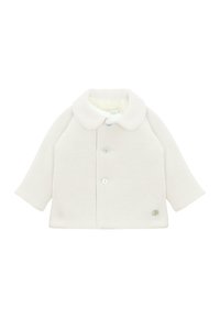 Chaqueta blanca texturizada con cuello redondeado, cierre con botones y forro suave. Detalle destacado en la parte inferior izquierda.