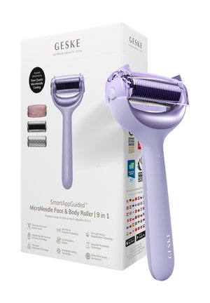 Lavendelkleurige micronaald gezichts- en bodyroller met drie verwisselbare koppen, getoond naast de witte productdoos.