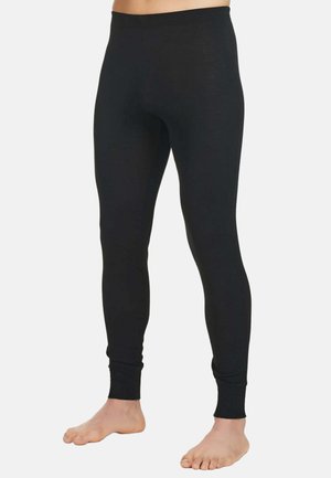 Leggings aderenti neri realizzati in un materiale liscio e morbido, con vita alta e polsini a coste alla caviglia per una vestibilità aderente.