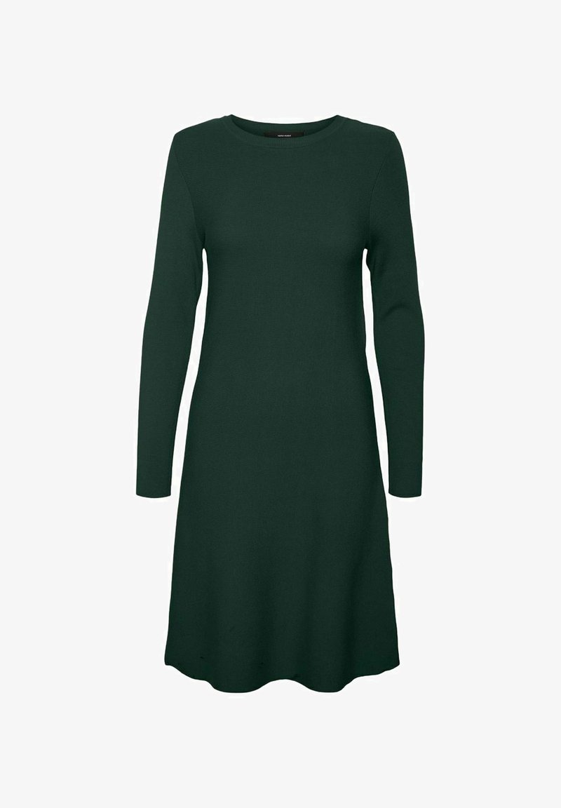 Robe en maille vert foncé, manches longues, longueur genou, avec un col rond et une jupe légèrement évasée.