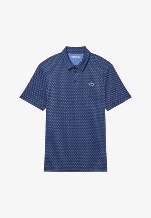 Polo de hombre Lacoste Sport azul marino con patrón texturizado completo y el icónico logo de cocodrilo en el pecho.