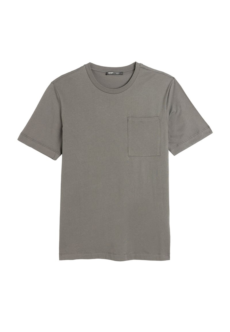 Grå bomulds t-shirt med korte ærmer og rund hals. Har en enkelt brystlomme og en afslappet pasform. Glat tekstur og ingen grafik.