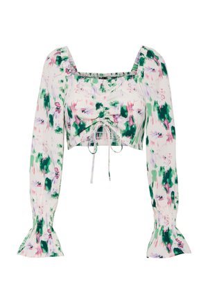 Rövid felső, hosszú puffos ujjal, zöld és rózsaszín virágmintával fehér háttéren, négyzet alakú nyakkivágással és húzózsinórral az elején.