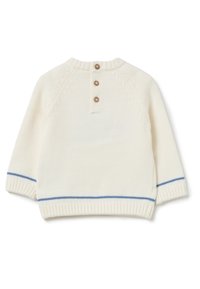 Cremefarbener Pullover mit rundem Ausschnitt, vier braunen Knöpfen auf der Rückseite und blauen Streifen an den Bündchen. Strukturiertes Strickmaterial.