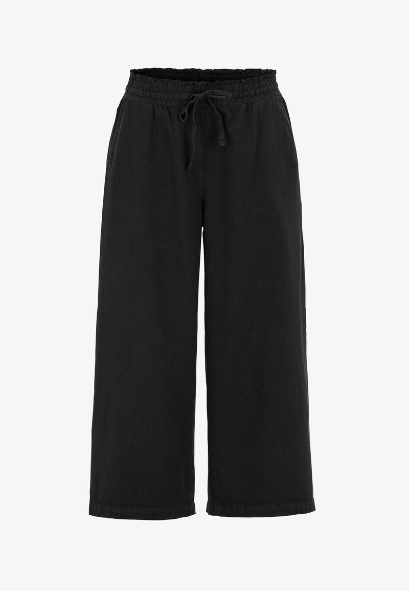 Czarne spodnie o szerokich nogawkach z elastycznym pasem i sznurkiem do wiązania, wyposażone w boczne kieszenie i luźny krój.