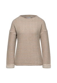 Gestreifter Pullover in Braun und Creme mit langen Ärmeln, weitem Ausschnitt und überschnittenen Schultern; weiche Textur, lässiges Design und keine sichtbaren Beschläge.