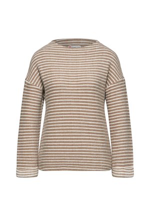 Suéter de manga larga a rayas en marrón y crema con escote amplio y hombros caídos; textura suave, diseño casual y sin herrajes visibles.