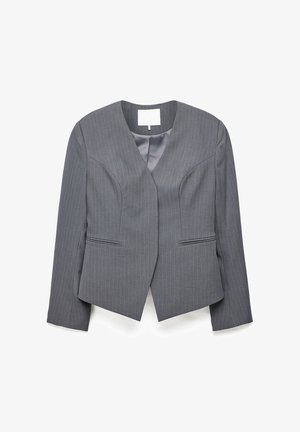 Pilka moteriška švarkas su subtiliomis dryželėmis, ilgomis rankovėmis, V formos kaklu ir dviem priekinėmis kišenėmis, išdėstytas ant baltos fono.