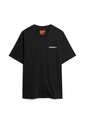Schwarzes T-Shirt mit kurzen Ärmeln aus Baumwollmischung. Verfügt über einen Rundhalsausschnitt und ein kleines weißes "SUPERDRY"-Logo auf der Vorderseite.