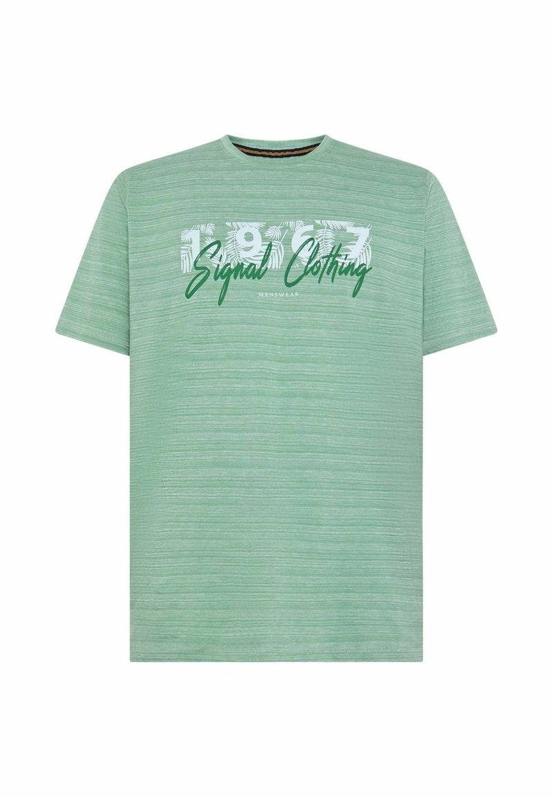 Camiseta de manga corta verde claro con un acabado texturizado, que presenta un texto gráfico en blanco y verde que dice "1977 Signal Clothing" en el frente.