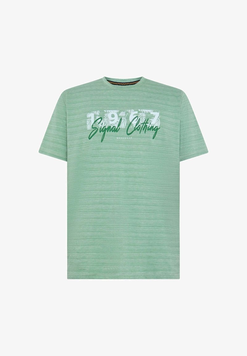 Šviesiai žalia trumpų rankovių marškinėliai su tekstūruotu paviršiumi, priekinėje pusėje esantis baltos ir žalios spalvos grafikos tekstas sako "1977 Signal Clothing".