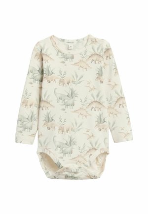 Babybody met lange mouwen, drukknoopjes op de schouder en onderaan, crèmekleurig met pastel dinosaurus- en bladerenprint over het hele kledingstuk.