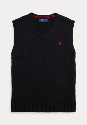 Sort kabelstrikket ærmeløs sweatervest med V-hals og lille rødt broderet Polo Ralph Lauren-logo på brystet.