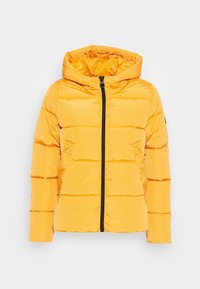 Žlutá vycpaná bunda s přiléhavou kapucí, horizontálním prošíváním, plným předním zipem a bočními kapsami. Materiál se zdá být lesklý a lehký.