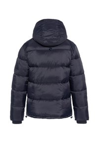 Doudoune bleu marine avec capuche, design matelassé, poignets élastiques et ourlet à cordon de serrage. Fabriquée en matériau brillant et isolant pour la chaleur.