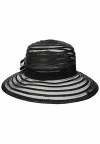 Schwarz-weißer gestreifter Sonnenhut mit breiter Krempe, aus gewebtem Material, mit einem festen schwarzen Band und dekorativen Akzenten.