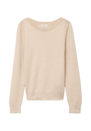 Maglione beige con motivo a nido d'ape testurizzato, scollo arrotondato e maniche lunghe. Presenta polsini e orlo a coste. Realizzato in tessuto morbido.