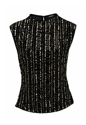 Top negro sin mangas con rayas verticales de lentejuelas doradas y plateadas, cuello alto y cierre con cremallera en la parte trasera. Textura suave.