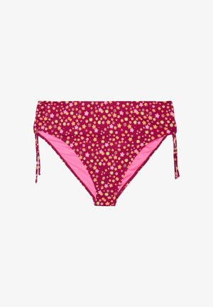 Korkeavyötäröiset bikinin alaosat tummanpunaisina, monivärisellä kukkakuviolla ja sivusolmimilla, vuorattu kirkkaanpunaisella kankaalla.