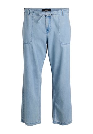 Pantalons en denim bleu clair, à jambe large, avec une taille à cordon de serrage, deux poches avant et une texture lisse. Conviennent pour un usage décontracté.