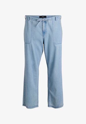 Pantaloni in denim azzurro chiaro a gamba larga con vita regolabile, due tasche frontali e una texture morbida. Adatti per un abbigliamento casual.