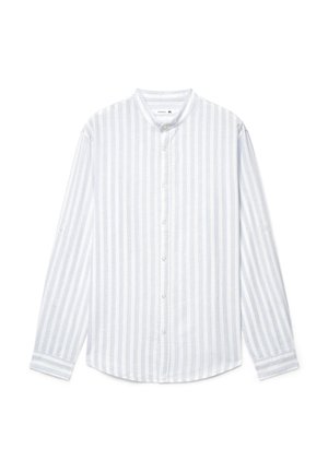 Camicia bianca a maniche lunghe con righe verticali grigio chiaro e collo alla coreana, abbottonata sul davanti, taglia XL.