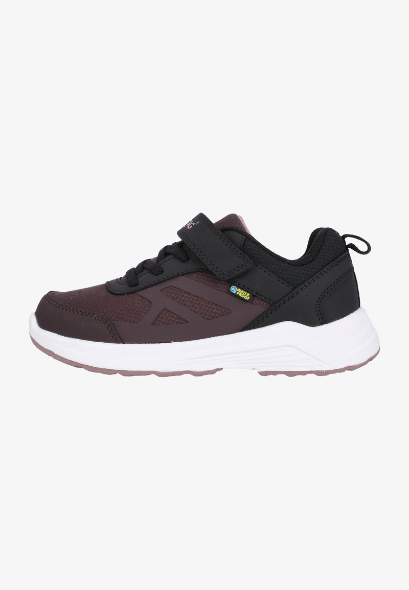 Black and dark purple athletic shoe with a waterproof label, featuring a lace-up front, Velcro strap, and white, textured sole.