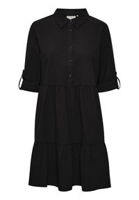 Schwarzes Hemdblusenkleid mit durchgehender Knopfleiste, Kragen, aufgekrempelten Ärmeln und einem Stufenrock mit strukturierter Oberfläche.