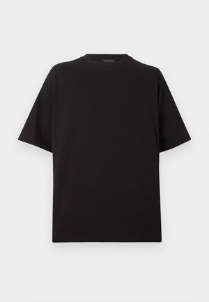 Black short-sleeve crew neck t-shirt with subtle embossed text on chest, displayed flat on a white background.