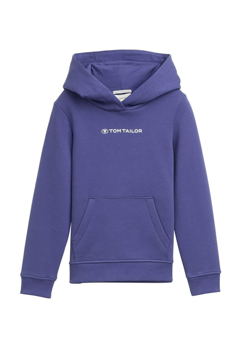 Felpa viola con tasca frontale e cappuccio con cordino. Presenta il logo "TOM TAILOR" in bianco nella zona del petto. Realizzata in tessuto morbido e strutturato.