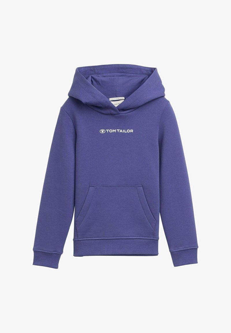 Felpa viola con tasca frontale e cappuccio con cordino. Presenta il logo "TOM TAILOR" in bianco nella zona del petto. Realizzata in tessuto morbido e strutturato.
