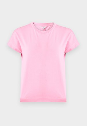 T-shirt en coton rose clair uni à manches courtes et col rond, présenté à plat sur un fond gris clair.