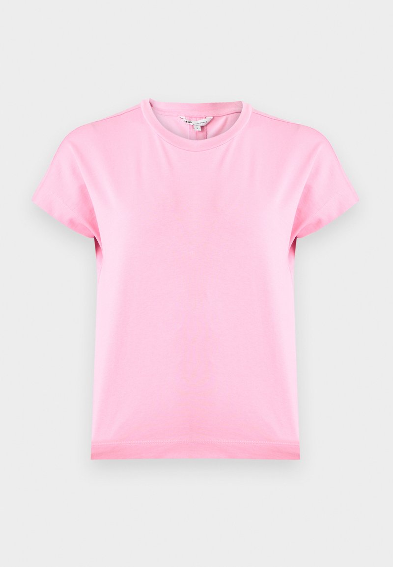 Μονόχρωμο ανοιχτό ροζ βαμβακερό T-shirt με κοντά μανίκια και στρογγυλή λαιμόκοψη, απλωμένο σε φωτεινό γκρι φόντο.