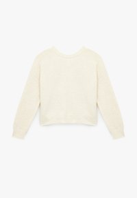 Lichtbeige cropped trui met lange mouwen, ronde halslijn, ribgebreide manchetten en zoom. Zachte textuur met een lichte gemêleerde uitstraling.
