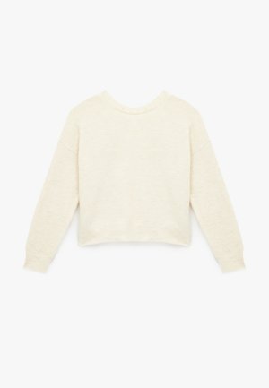 Vaaleanbeige lyhyt neuletakki, jossa on pitkät hihat, pyöreä kaula-aukko sekä ribbireunukset hihoissa ja helmassa. Pehmeä rakenne, jossa on hieman marlattu ilme.