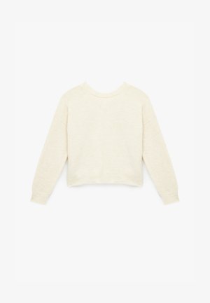 Vaaleanbeige lyhyt neuletakki, jossa on pitkät hihat, pyöreä kaula-aukko sekä ribbireunukset hihoissa ja helmassa. Pehmeä rakenne, jossa on hieman marlattu ilme.