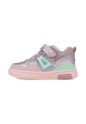 Zapatilla infantil en rosa pastel y púrpura con detalles en verde menta, con cordones y una tira de velcro para un ajuste seguro.