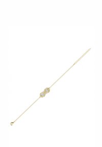 Bracciale in oro con un centro a forma di simbolo dell'infinito adornato da piccole pietre trasparenti, link delicati e chiusura a scatto.