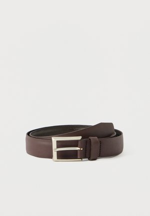 Brown leather belt featuring a metallic silver buckle, smooth texture, and a simple design with no visible patterns or embellishments.