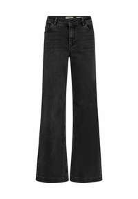 Svarta jeans med vida ben, hög midja, klassisk fem-fickorsdesign och ton-i-ton-söm för en strömlinjeformad look.